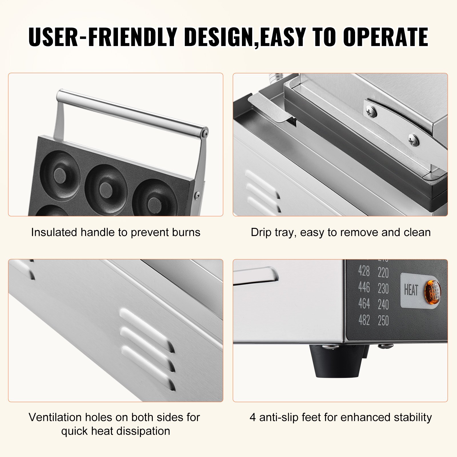 VEVOR Electric Donut Maker, 1550 W Commercial Donut Machine with Non-Stick Coating, 6 Holes, Double-Sided Heating Waffle Machine for 6 Donuts, 50-300 °C, for Restaurants and Home Use