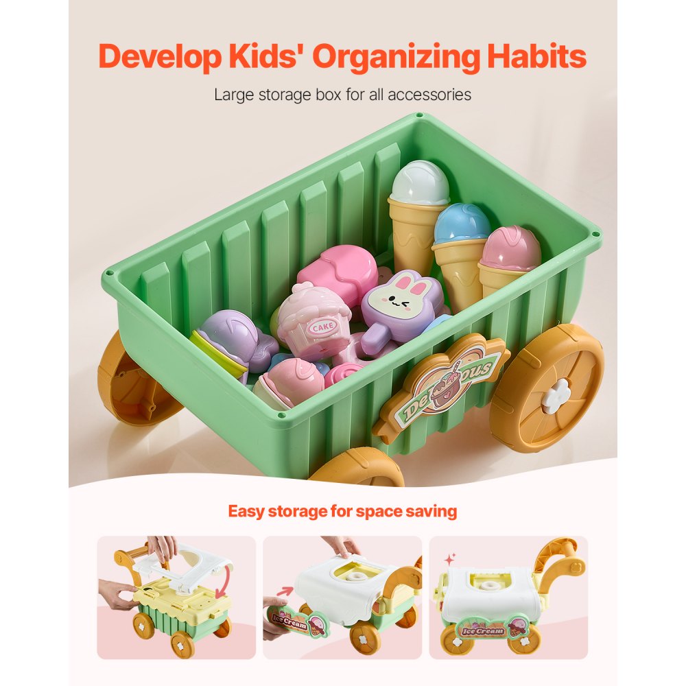 VEVOR Carrito de Helados para Niños, Camión de Helados Educativo Montessori 435 x 180 x 360 mm con 27 Accesorios, Dinero de Juguete, Efectos de Luz y Sonido para Niños de 3 Años en Adelante, Verde