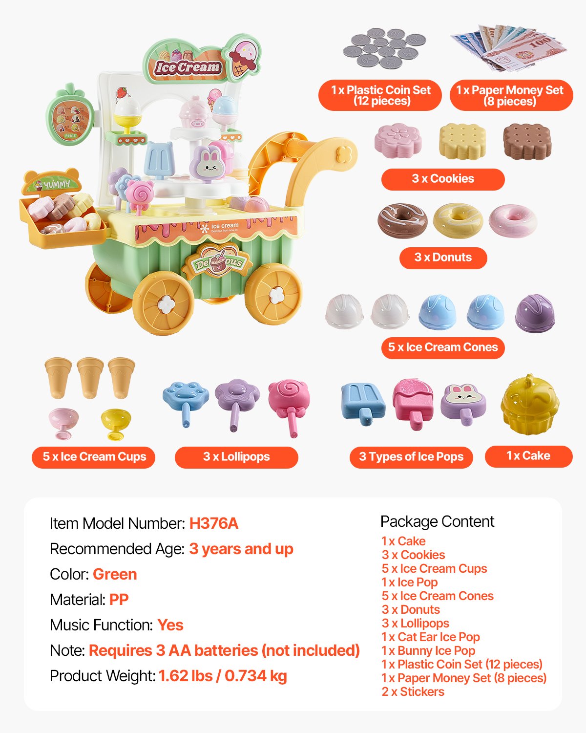 VEVOR Carrito de Helados para Niños, Camión de Helados Educativo Montessori 435 x 180 x 360 mm con 27 Accesorios, Dinero de Juguete, Efectos de Luz y Sonido para Niños de 3 Años en Adelante, Verde