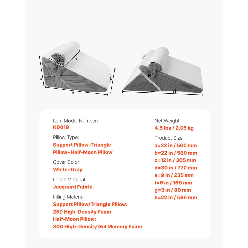 VEVOR Almohada de Cuña, Juego de 3 Piezas de Cuña Ortopédica, con Funda Lavable de Jacquard y Soporte de Espuma, para Aliviar el Reflujo Ácido, el Dolor de Espalda y los Ronquidos, Blanco/Gris