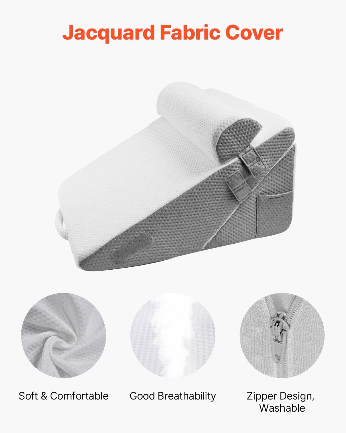 VEVOR Almohada de Cuña, Juego de 3 Piezas de Cuña Ortopédica, con Funda Lavable de Jacquard y Soporte de Espuma, para Aliviar el Reflujo Ácido, el Dolor de Espalda y los Ronquidos, Blanco/Gris