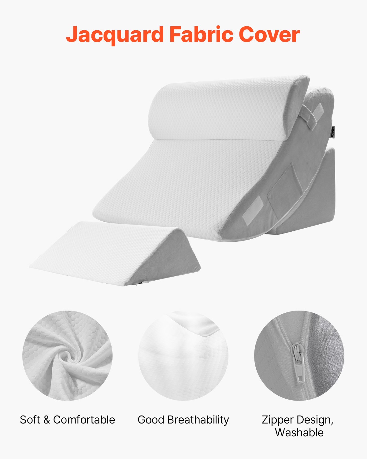 VEVOR Orthopedic Bed Wedge Pillow, 4-Piece Set, Support for Legs, Neck & Shoulders, Post-Surgery Pillow for Back Pain, Heartburn, Snoring Relief, Upright Position in Bed, White/Grey