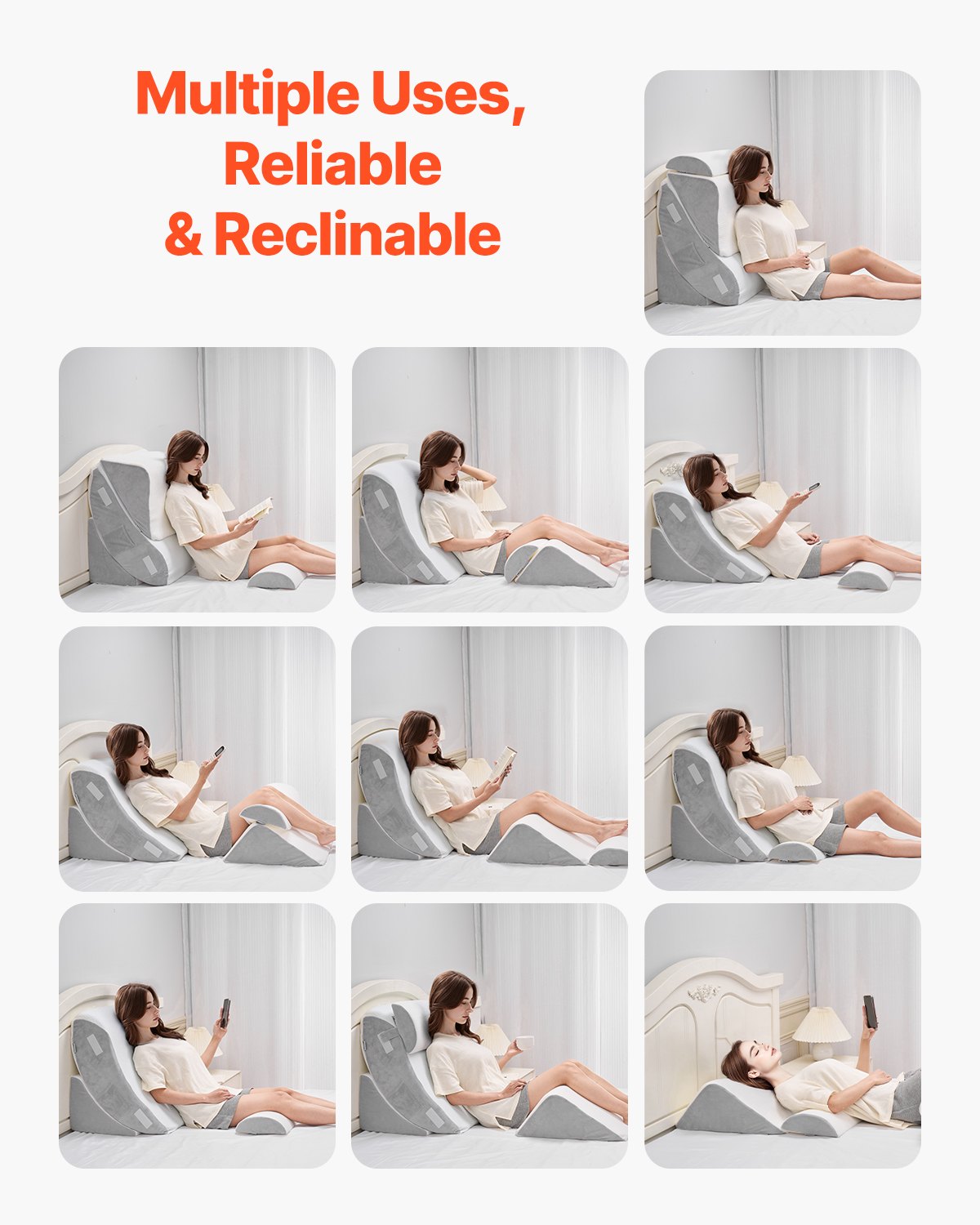 VEVOR Almohada de Cuña para Descansar, Juego de 4 uds de Cuñas Ortopédicas Ajustables para Cama, Soporte para Piernas, Cuello y Hombros, para Reflujo Ácido, Alivio de Ronquidos, Blanco y Gris