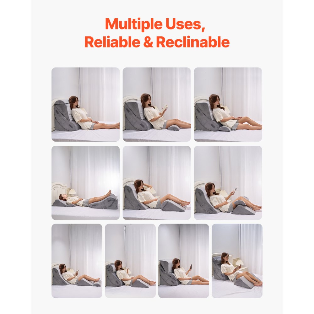 VEVOR Orthopedic Bed Wedge Pillow, 4-Piece Set, Leg, Neck & Shoulder Support, for Back Pain, Heartburn, Snoring Relief, Upright Position in Bed, Dark Grey