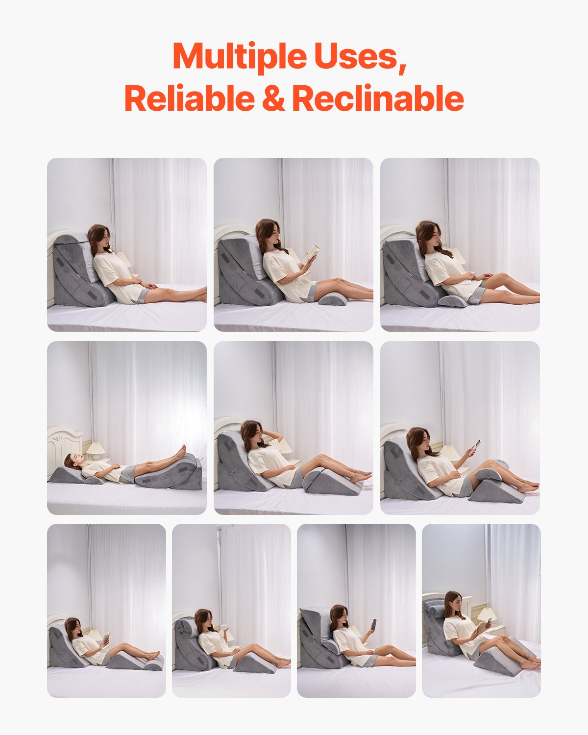 VEVOR Almohada Posoperatoria de Cuña para Descansar, Juego de 4 uds, Ortopédicas Ajustables para Cama, Soporte para Piernas, Cuello y Hombros, para Dolor de Espalda, Reflujo Ácido, Gris Oscuro