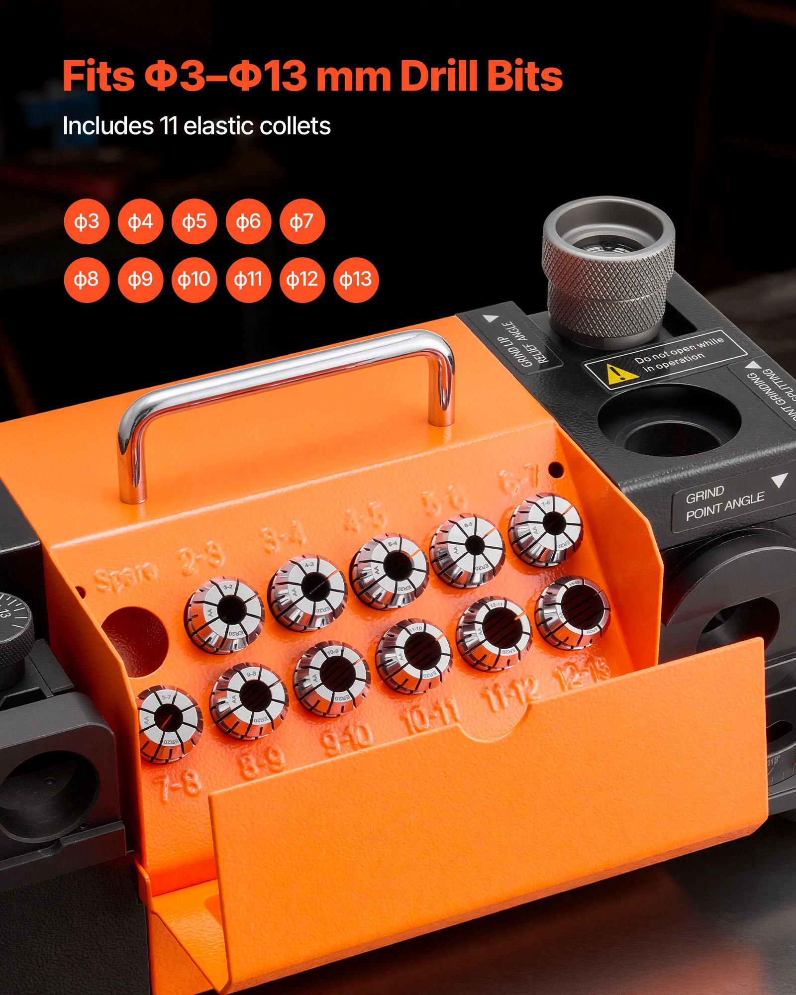 VEVOR Afilador de Brocas MR-13D de 3 a 13 mm, con Ángulo de Alivio de Labio Ajustable, Labio de Corte Frontal y Ángulo de Punta 95° a 135°, 4600 RPM, 11 Pinzas y Muela de CBN, 290 x 140 x 160 mm