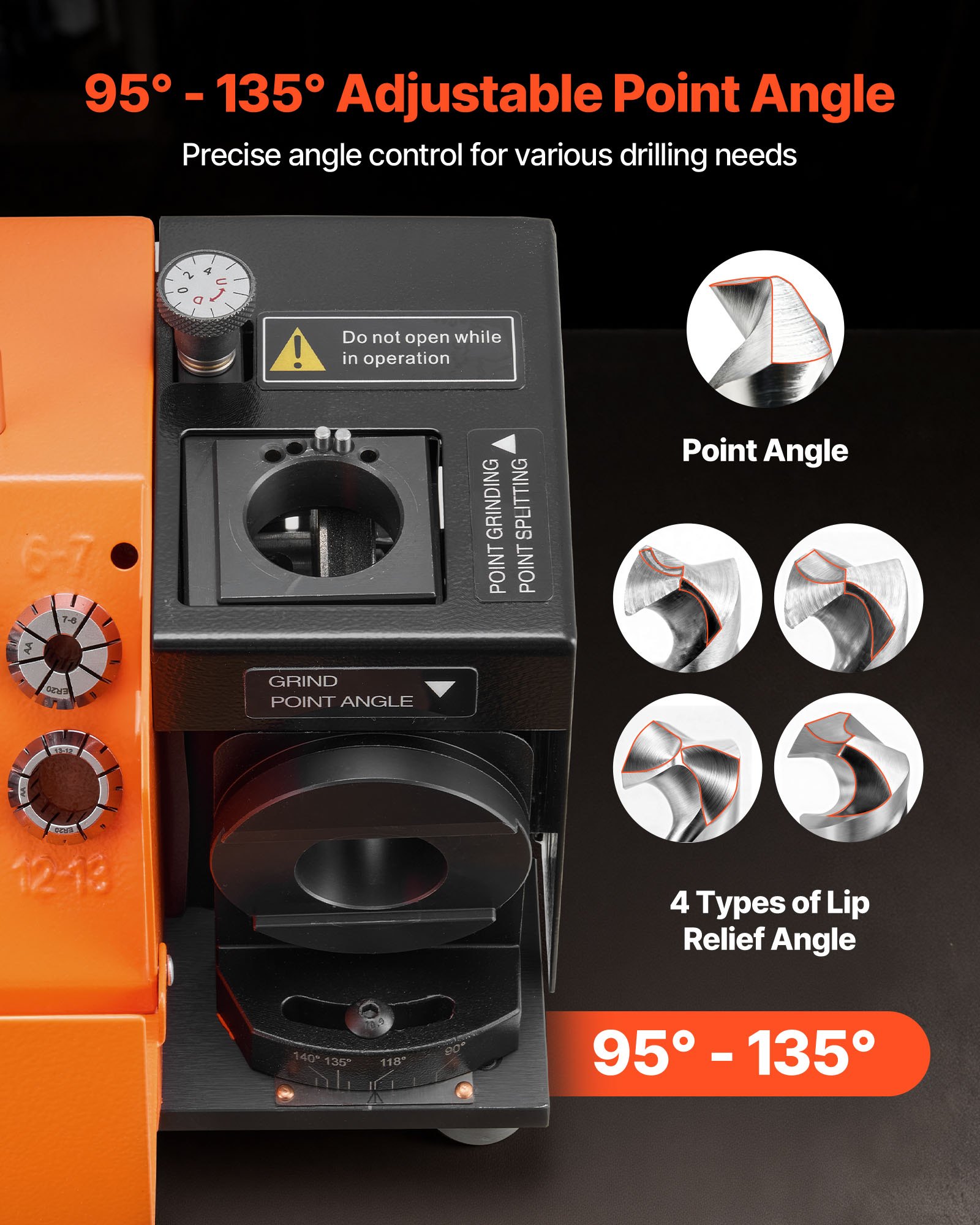 VEVOR Afilador de Brocas MR-13B de 3 a 15 mm, con Ángulo de Alivio de Labios Ajustable y Ángulo de Punta 95° a 135°, Alta Velocidad 4600 RPM, con 13 Pinzas, Muelas CBN y SDC, 290 x 140 x 160 mm