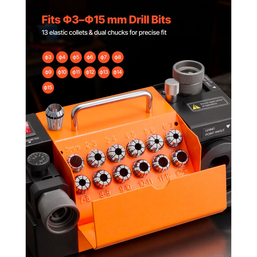 VEVOR Drill Bits Sharpener MR-13A, 3-15mm Drill Bit Grinder Sharpener with 95°-135° Adjustable Point Angle, 4600RPM High Speed Re-Sharpening Machine with 13 Collets & CBN Wheel for Workshops Garages