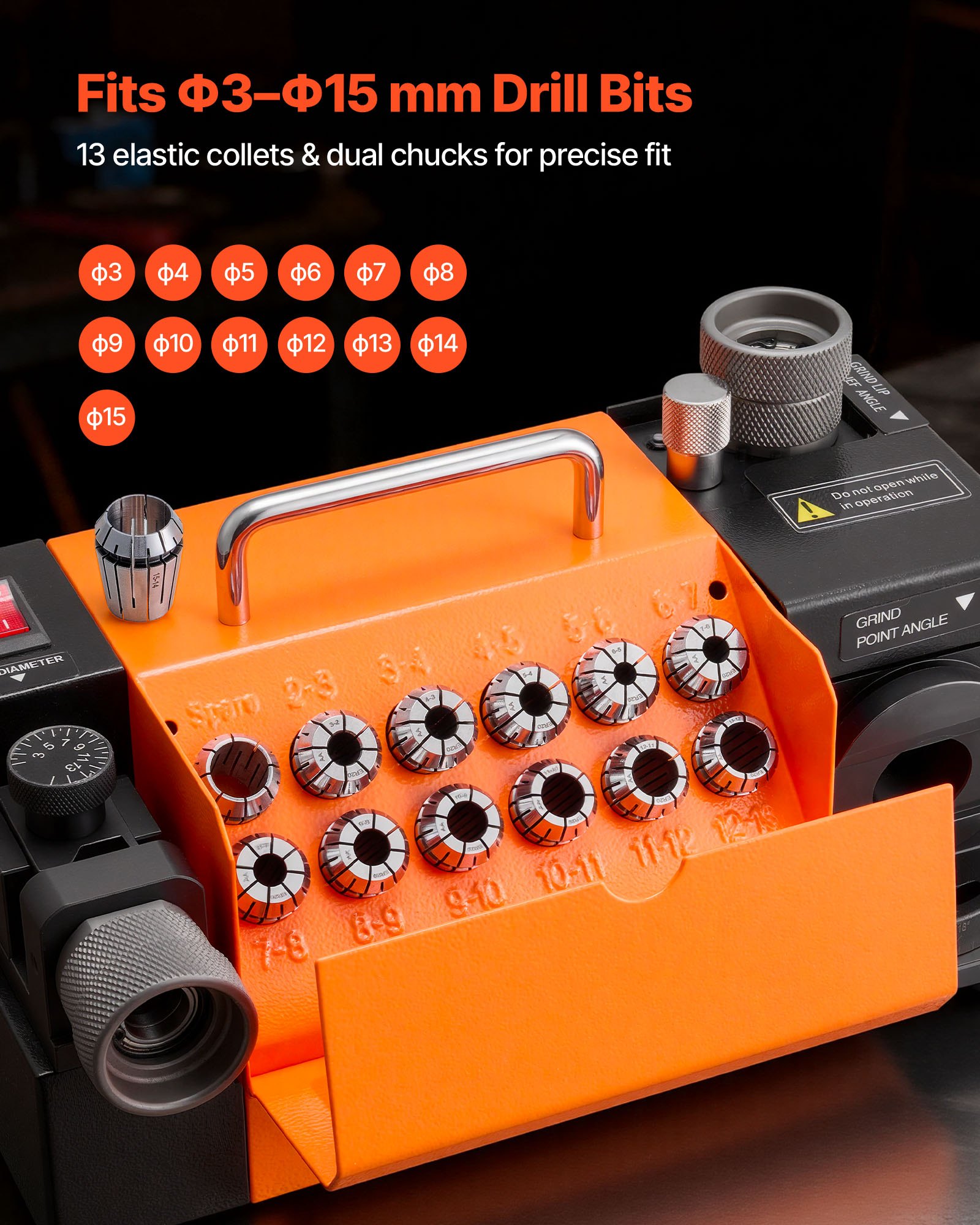 VEVOR Drill Bits Sharpener MR-13A, 3-15mm Drill Bit Grinder Sharpener with 95°-135° Adjustable Point Angle, 4600RPM High Speed Re-Sharpening Machine with 13 Collets & CBN Wheel for Workshops Garages