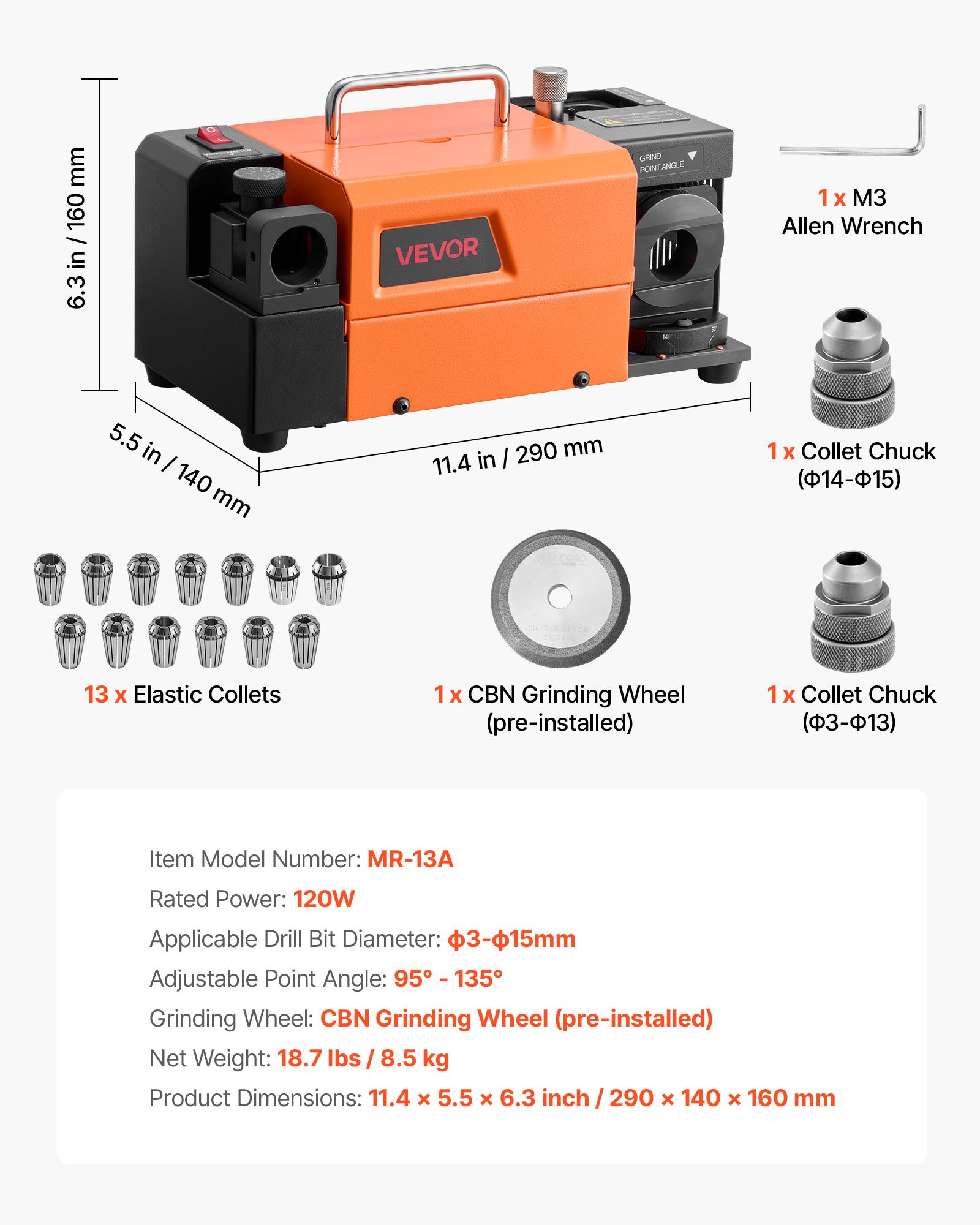 VEVOR Drill Bits Sharpener MR-13A, 3-15mm Drill Bit Grinder Sharpener with 95°-135° Adjustable Point Angle, 4600RPM High Speed Re-Sharpening Machine with 13 Collets & CBN Wheel for Workshops Garages