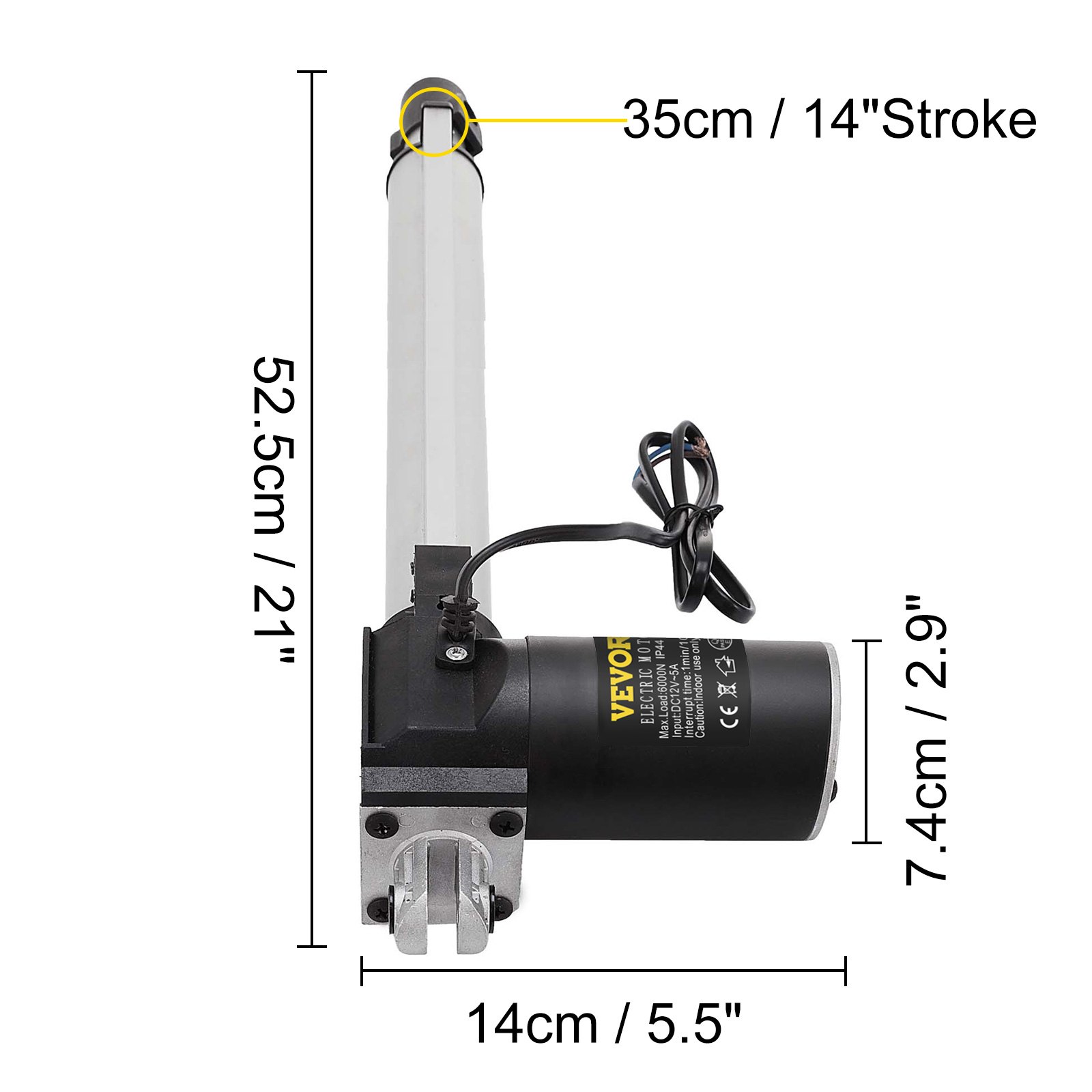 VEVOR Actuador lineal de 350mm, Actuador lineal de 12V, 6000N, Aluminio, Ventana multifunción
