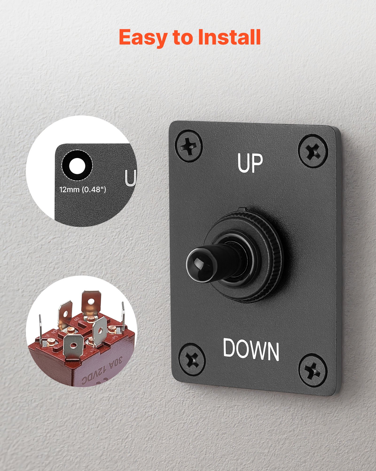 VEVOR Interruptor Basculante 6 Pines, con Inversión de Polaridad(ENCENDIDO-APAGADO-ENCENDIDO), DC 12 V/30 A, AC 250 V/15 A, con Placa de Montaje Vertical y Tapa Impermeable para Maletero de Coche