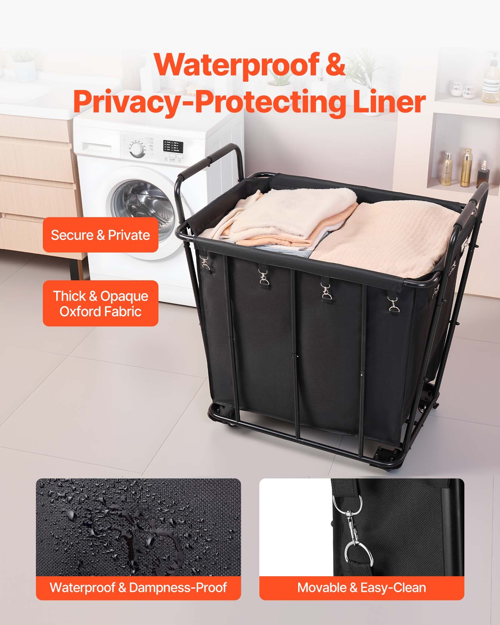 VEVOR Carro Clasificador de Ropa 300 L, con Capacidad de Carga 117,9 kg, Ruedas Giratorias y Bolsa de Lavandería Impermeable, para Lavandería, Resistente al Desgaste, 92,5 x 66,5 x 94,5 cm, Negro