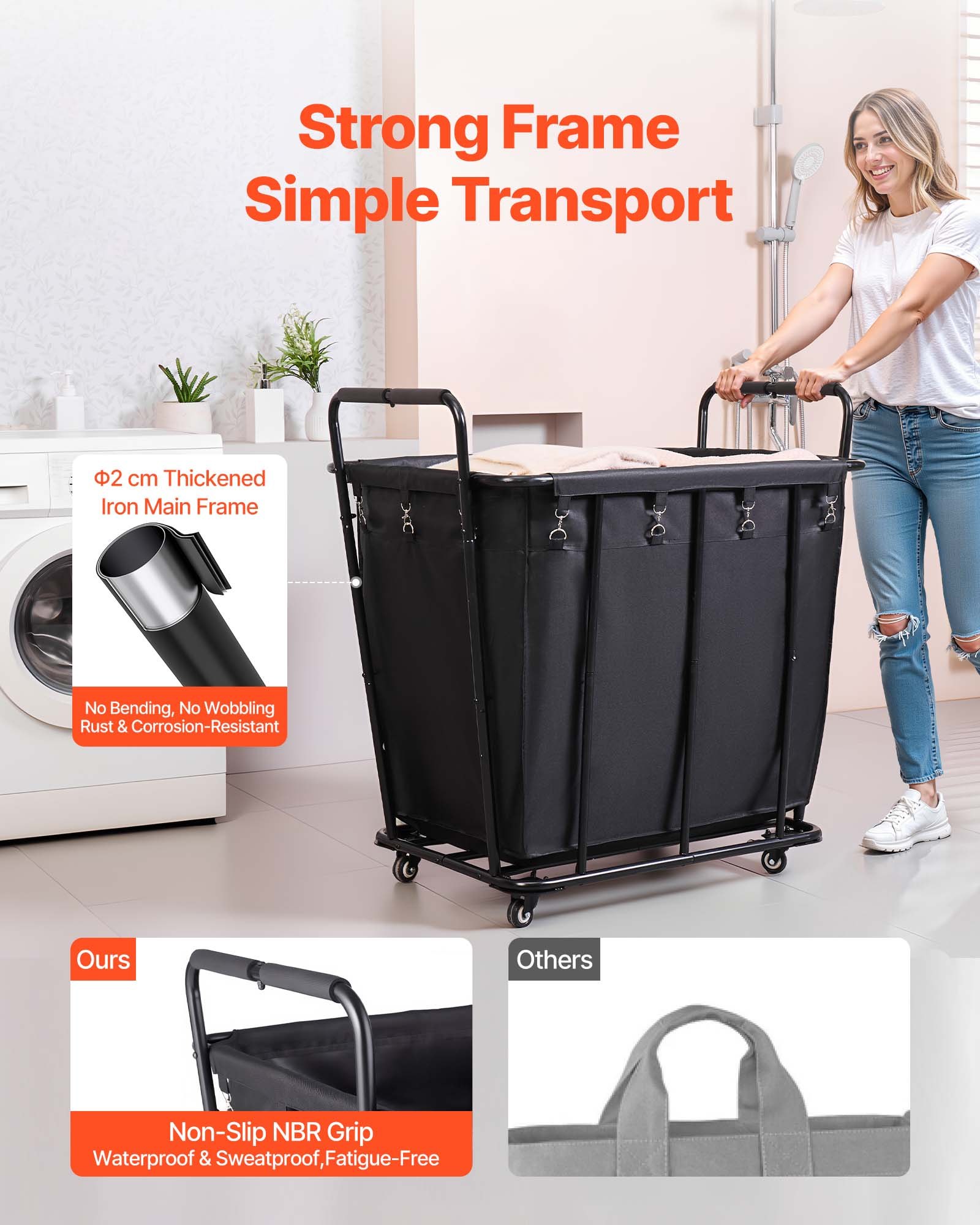 VEVOR Carro Clasificador de Ropa 300 L, con Capacidad de Carga 117,9 kg, Ruedas Giratorias y Bolsa de Lavandería Impermeable, para Lavandería, Resistente al Desgaste, 92,5 x 66,5 x 94,5 cm, Negro