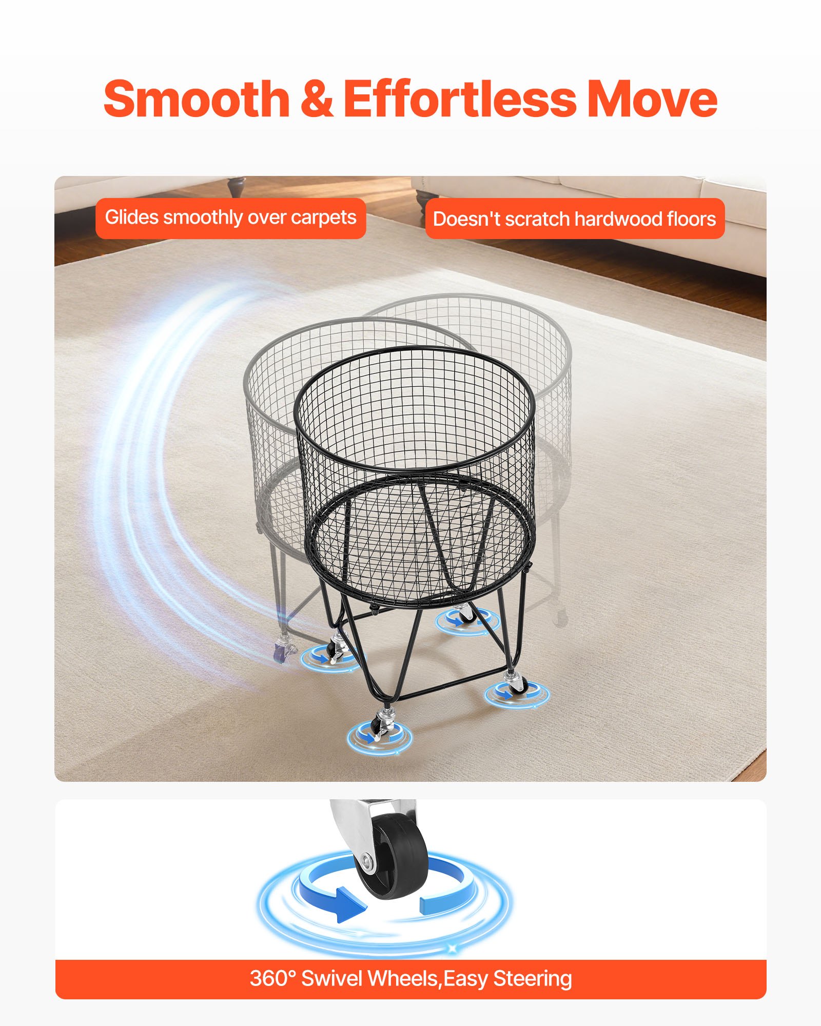 VEVOR Carro de Lavandería Redondo, para la Ropa Sucia con Ruedas Giratorias de 360°, 40 L, Carga de 27 kg, de Acero al Carbono, para Compras, Camping, Comestibles, Equipaje, Clasificador de Ropa
