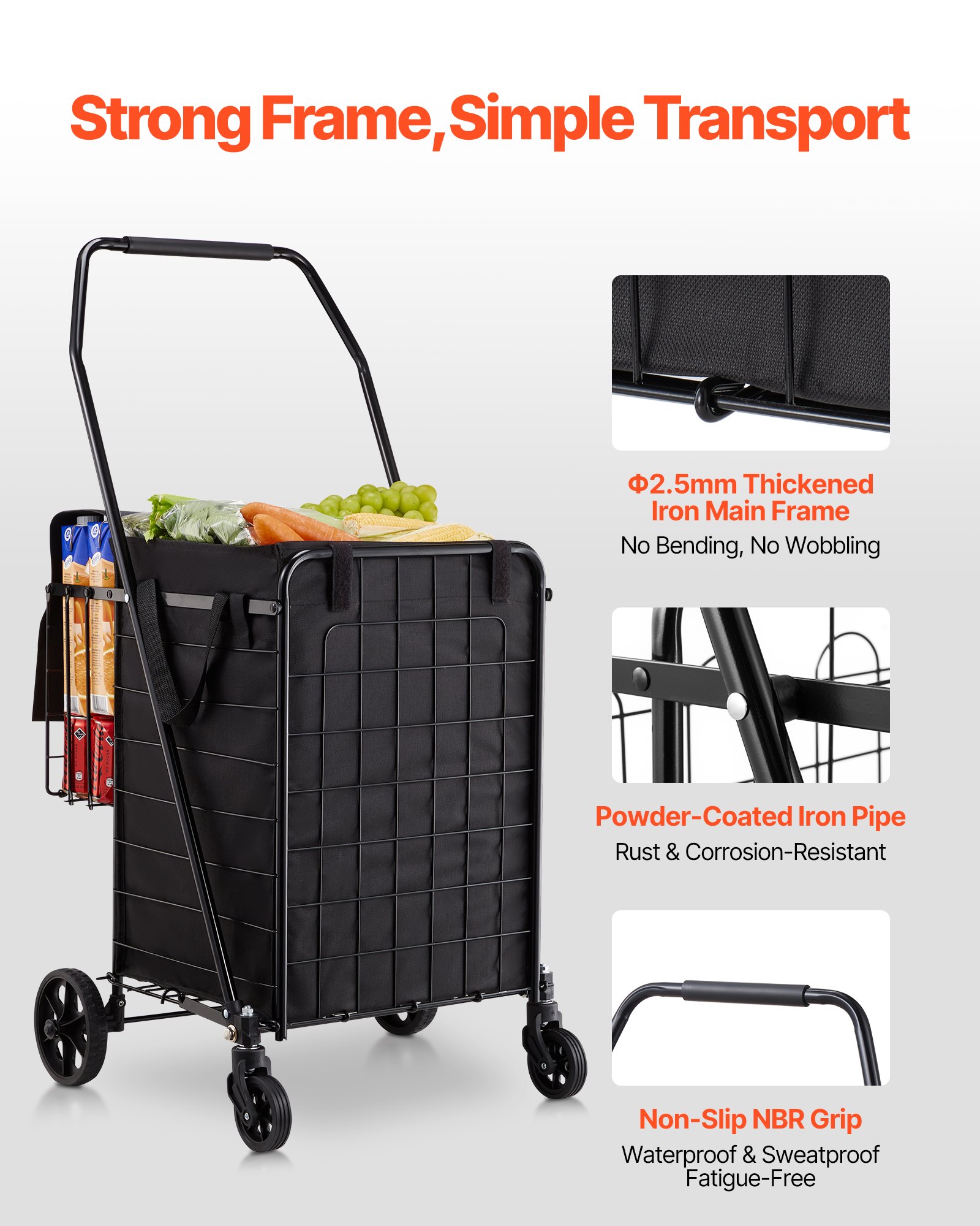 VEVOR Carrito de Compra, Plegable, con Dos Cestas, Revestimiento y Ruedas Impermeables, Capacidad de Carga de 45,3 kg, 64 + 10 L, Ideal para Lavandería, Compras, Camping y Comestibles, Negro