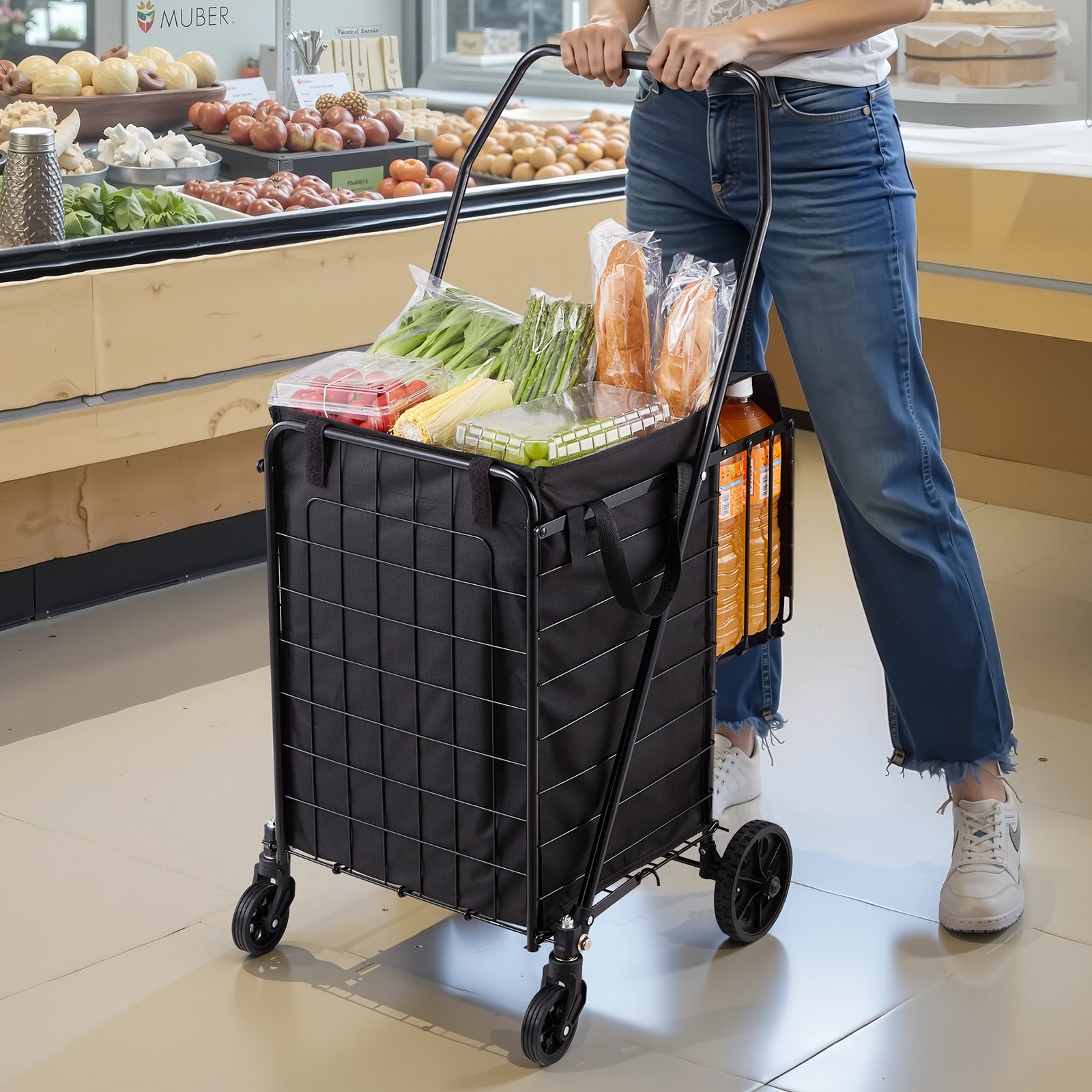 VEVOR Carrito de Compra, Plegable, con Dos Cestas, Revestimiento y Ruedas Impermeables, Capacidad de Carga de 45,3 kg, 64 + 10 L, Ideal para Lavandería, Compras, Camping y Comestibles, Negro