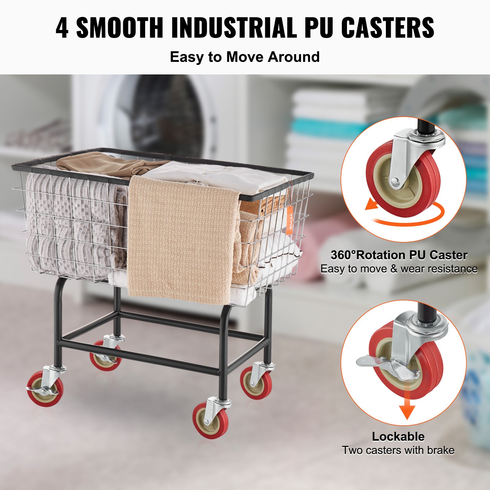 VEVOR Carrito de Lavandería de Alambre Capacidad de 100 L, 68 x 55 x 67 cm, Cesto Móvil con Ruedas, Estructura de Acero Cromado, Movimiento Suave, para Lavandería, Dormitorio, Baño