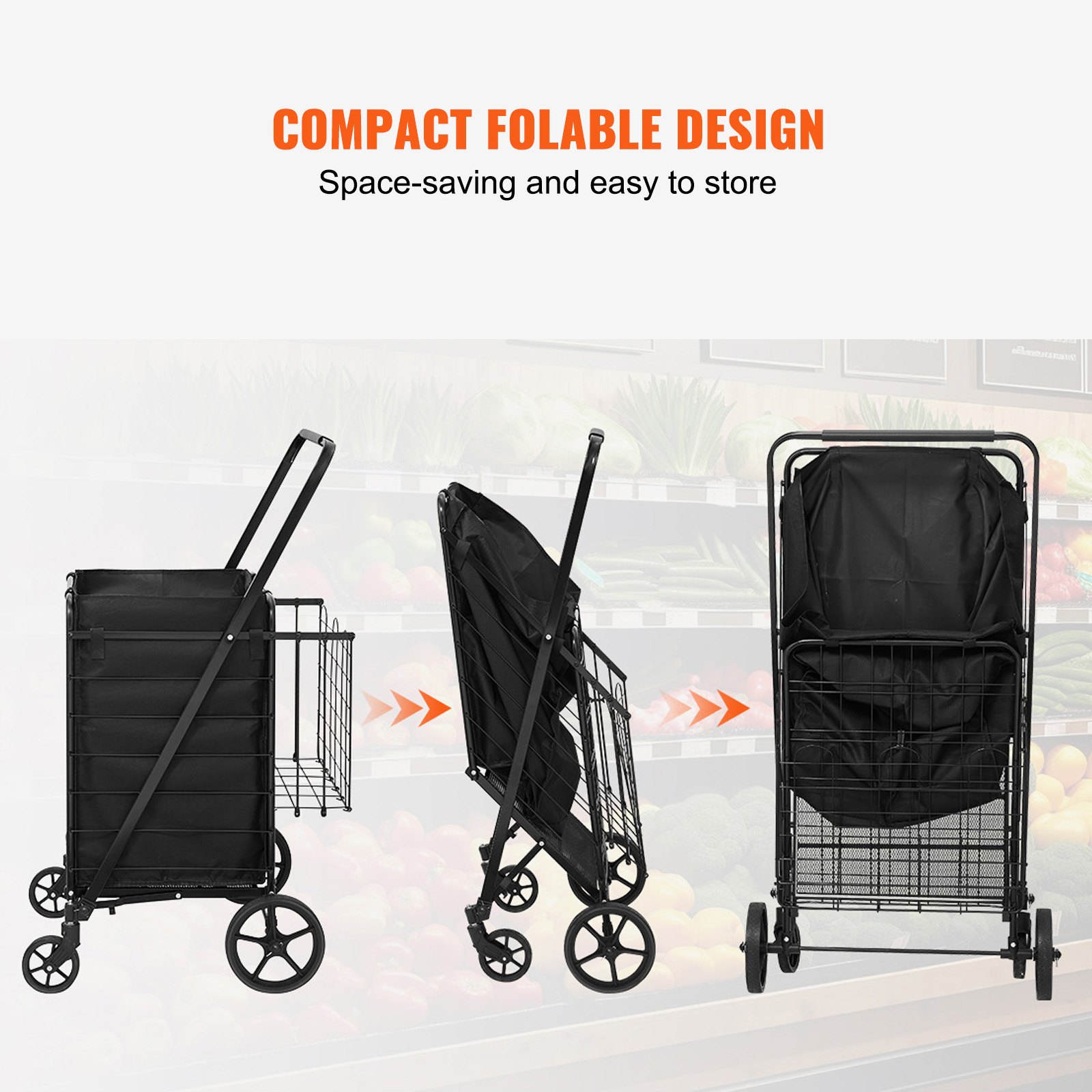 VEVOR Carro de Compra Plegable Carga de 150,5kg con 4 Ruedas Más de 85L Carro de Supermercado con 2 Cestas Carro de Compra de Hierro con Forro Impermeable Carro Multiusos Resistente para Ir de Compras