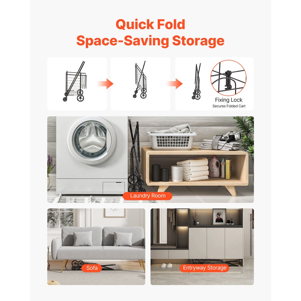 VEVOR Carro de Compra Plegable Carga de 50 kg con 4 Ruedas Más de 85 L Carro de Supermercado con 2 Cestas Carro de Compra de Hierro Carro Multiusos Resistente para Ir de Compras