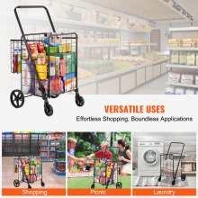 VEVOR Carro de Compra Plegable Carga de 50 kg con 4 Ruedas Más de 85 L Carro de Supermercado con 2 Cestas Carro de Compra de Hierro Carro Multiusos Resistente para Ir de Compras