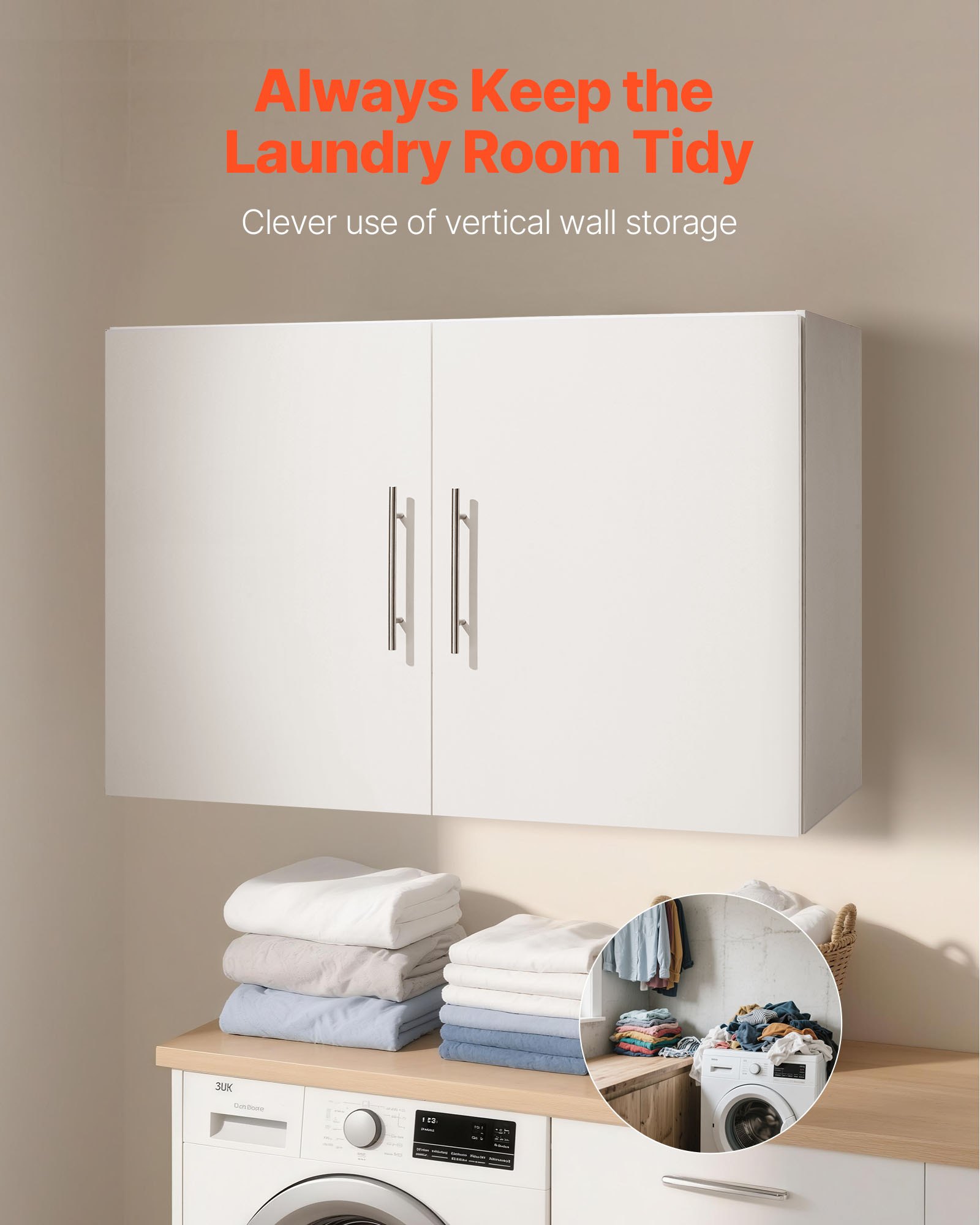 VEVOR Armario de Pared para Lavandería, 2 Niveles con Estante Ajustable, con 2 Puertas, Fabricado con Aglomerado y MDF, para Cocina, Baño, Lavandería, 40,6 x 91,4 x 61 cm, Armario Superior Blanco