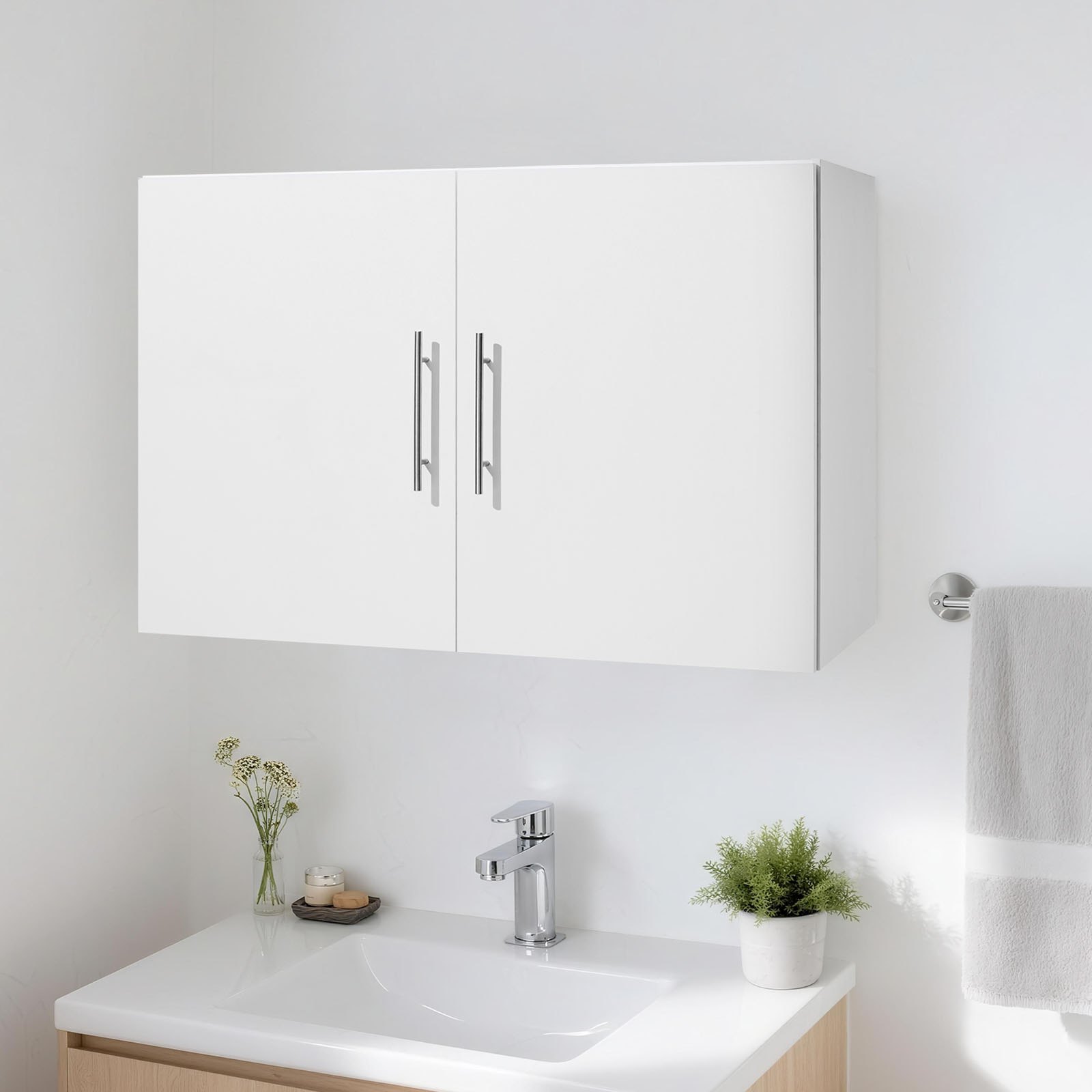 VEVOR Armario de Pared para Lavandería, 2 Niveles con Estante Ajustable, con 2 Puertas, Fabricado con Aglomerado y MDF, para Cocina, Baño, Lavandería, 40,6 x 91,4 x 61 cm, Armario Superior Blanco
