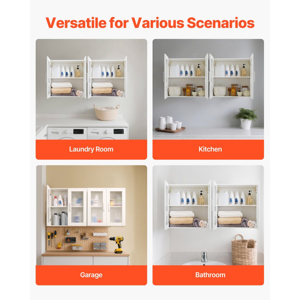 VEVOR Armario Mural para Lavandería, 2 Niveles con Estante Ajustable, con 4 Puertas, Robusto y Duradero, para Cocina, Baño, Lavandería, 122 x 30 x 61 cm, Capacidad de Carga de 72,6 kg, Blanco