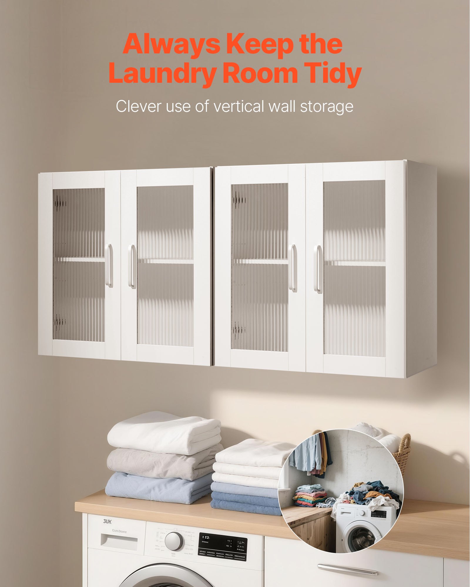 VEVOR Armario Mural para Lavandería, 2 Niveles con Estante Ajustable, con 4 Puertas, Robusto y Duradero, para Cocina, Baño, Lavandería, 122 x 30 x 61 cm, Capacidad de Carga de 72,6 kg, Blanco