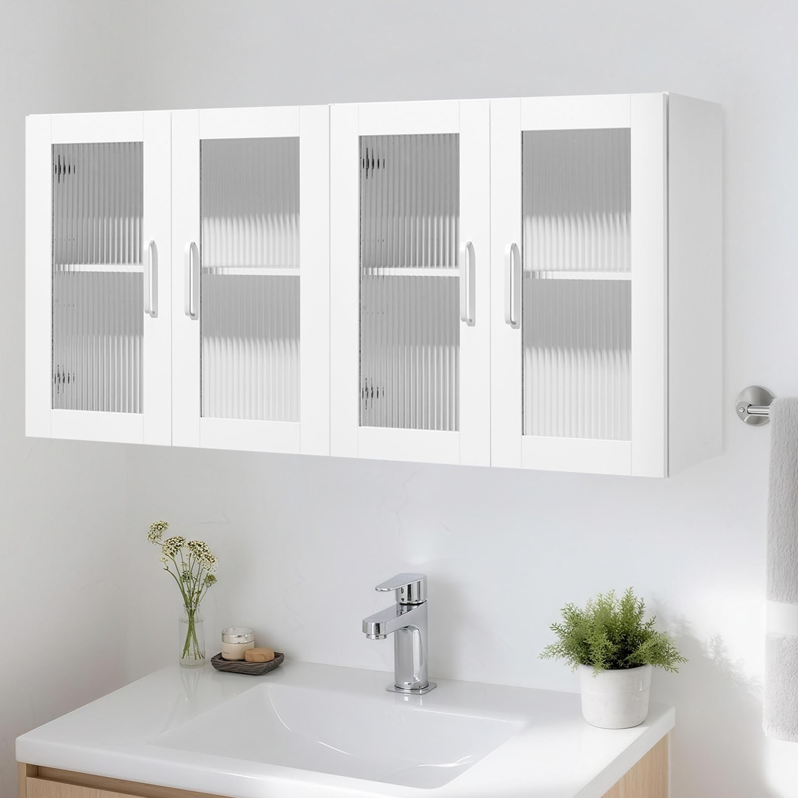 VEVOR Armario Mural para Lavandería, 2 Niveles con Estante Ajustable, con 4 Puertas, Robusto y Duradero, para Cocina, Baño, Lavandería, 122 x 30 x 61 cm, Capacidad de Carga de 72,6 kg, Blanco
