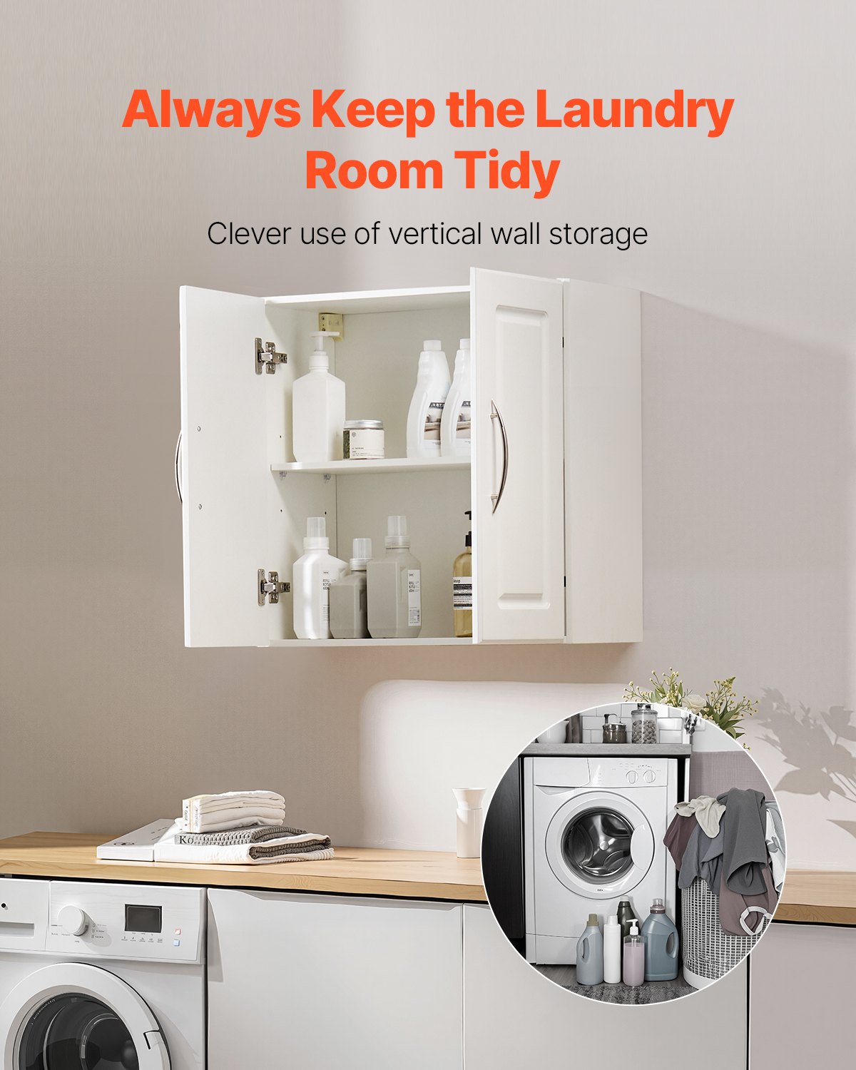 VEVOR Armario de Pared para Lavandería 30 x 60 x 60 cm Armario Colgante de 2 Niveles con 2 Puertas, Organizador de Armario con Estante Ajustable para Cocina, Garaje, Lavandería, Color Blanco