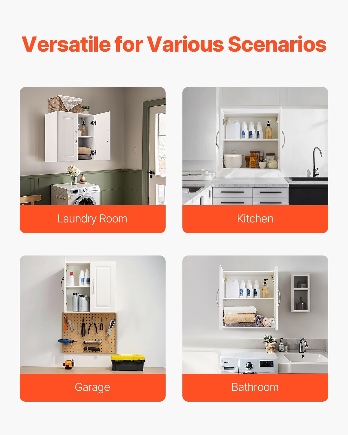 VEVOR Armario de Pared para Lavandería 30 x 60 x 60 cm Armario Colgante de 2 Niveles con 2 Puertas, Organizador de Armario con Estante Ajustable para Cocina, Garaje, Lavandería, Color Blanco