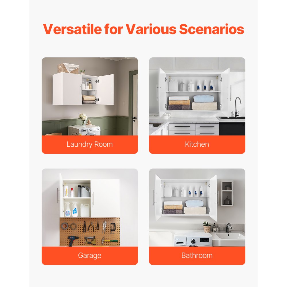 VEVOR Armario de Pared para Lavandería 40,6 x 91,4 x 61 cm Armario Colgante de 2 Niveles con 2 Puertas, Organizador de Armario con Estante Ajustable para Baño, Cocina, Garaje, Lavandería, Blanco