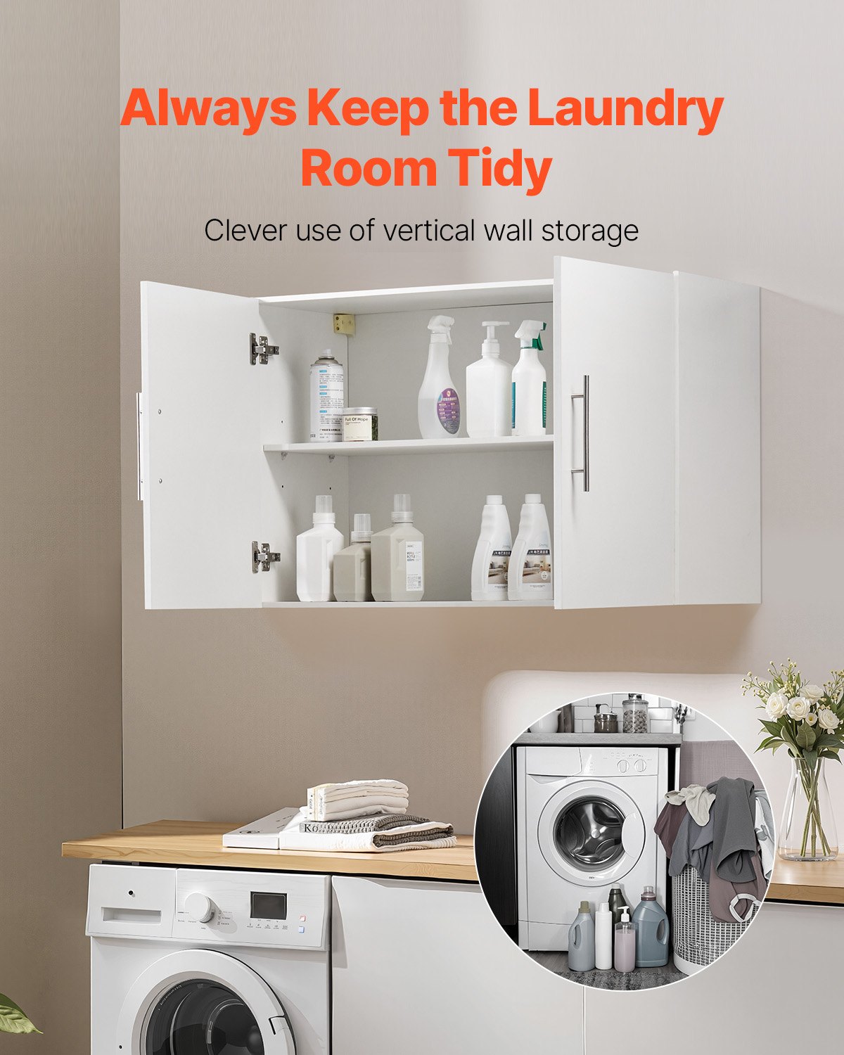 VEVOR Armario de Pared para Lavandería 40,6 x 91,4 x 61 cm Armario Colgante de 2 Niveles con 2 Puertas, Organizador de Armario con Estante Ajustable para Baño, Cocina, Garaje, Lavandería, Blanco