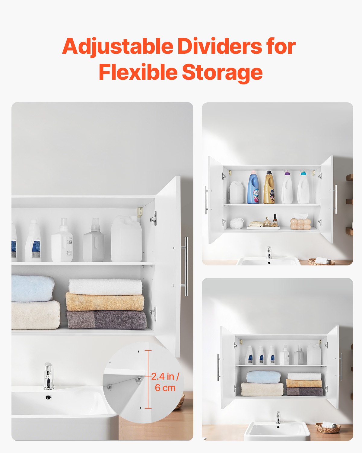 VEVOR Armario de Pared para Lavandería 40,6 x 91,4 x 61 cm Armario Colgante de 2 Niveles con 2 Puertas, Organizador de Armario con Estante Ajustable para Baño, Cocina, Garaje, Lavandería, Blanco
