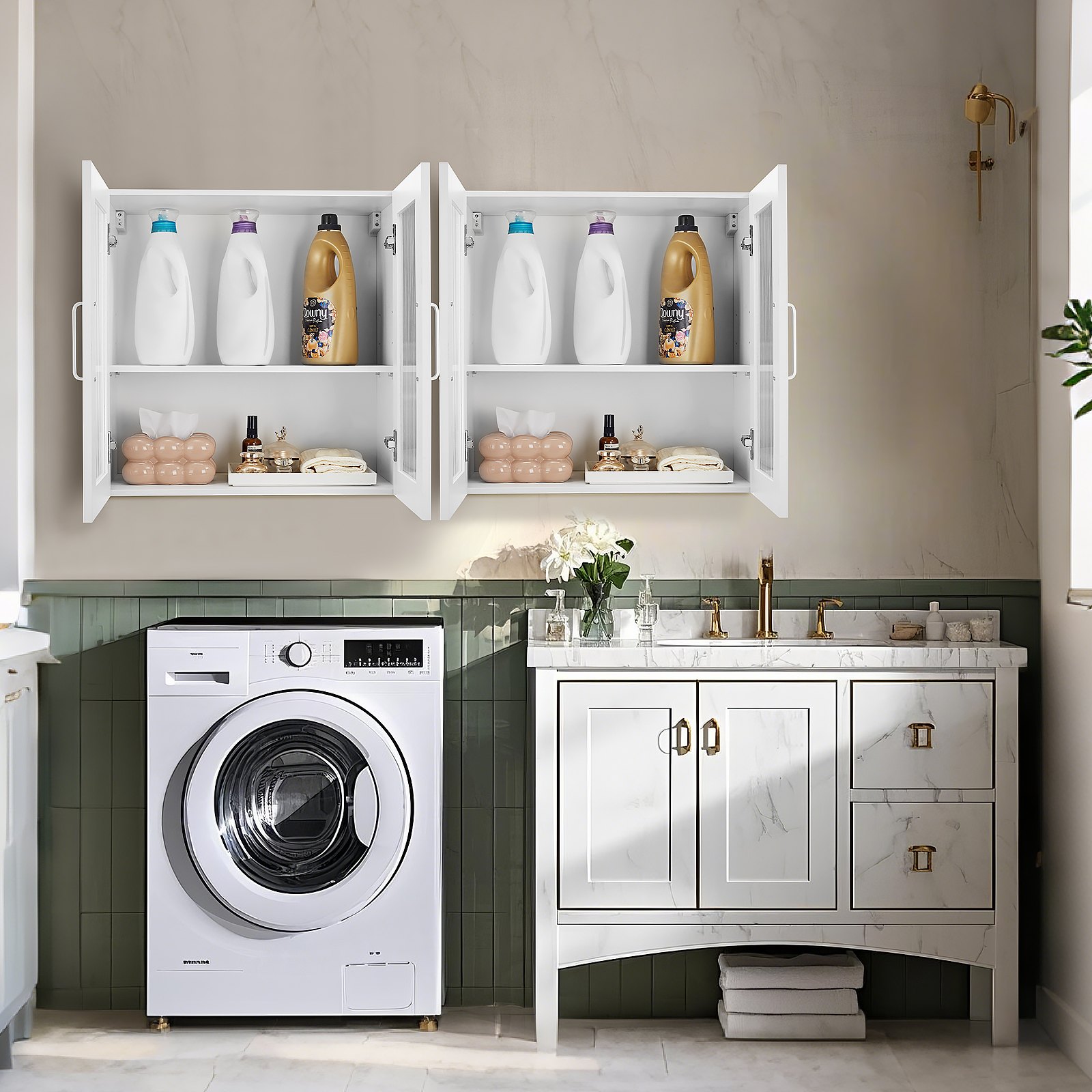 VEVOR Armario de Pared para Lavandería, Armario de 2 Niveles con 4 Puertas, Organizador con Estante Ajustable para Cocina, Garaje, Lavandería, Juego de 2, Cada uno de 30,5 x 61 x 61 cm, Blanco