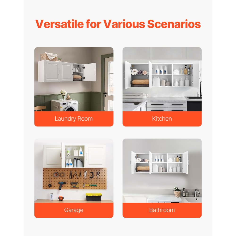 VEVOR Armario de Pared para Lavandería 31,6 x 137,2 x 51,6 cm Armario Colgante de 2 Niveles con 3 Puertas, Organizador de Armario con Estante Ajustable para Cocina, Garaje, Lavandería, Blanco