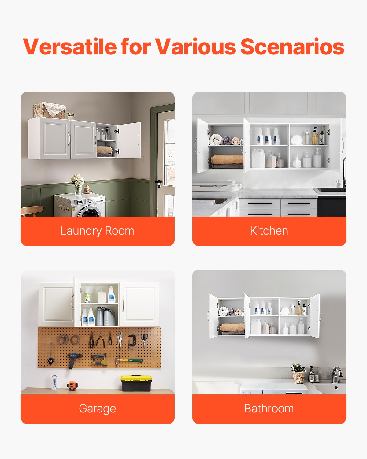 VEVOR Armario de Pared para Lavandería 31,6 x 137,2 x 51,6 cm Armario Colgante de 2 Niveles con 3 Puertas, Organizador de Armario con Estante Ajustable para Cocina, Garaje, Lavandería, Blanco