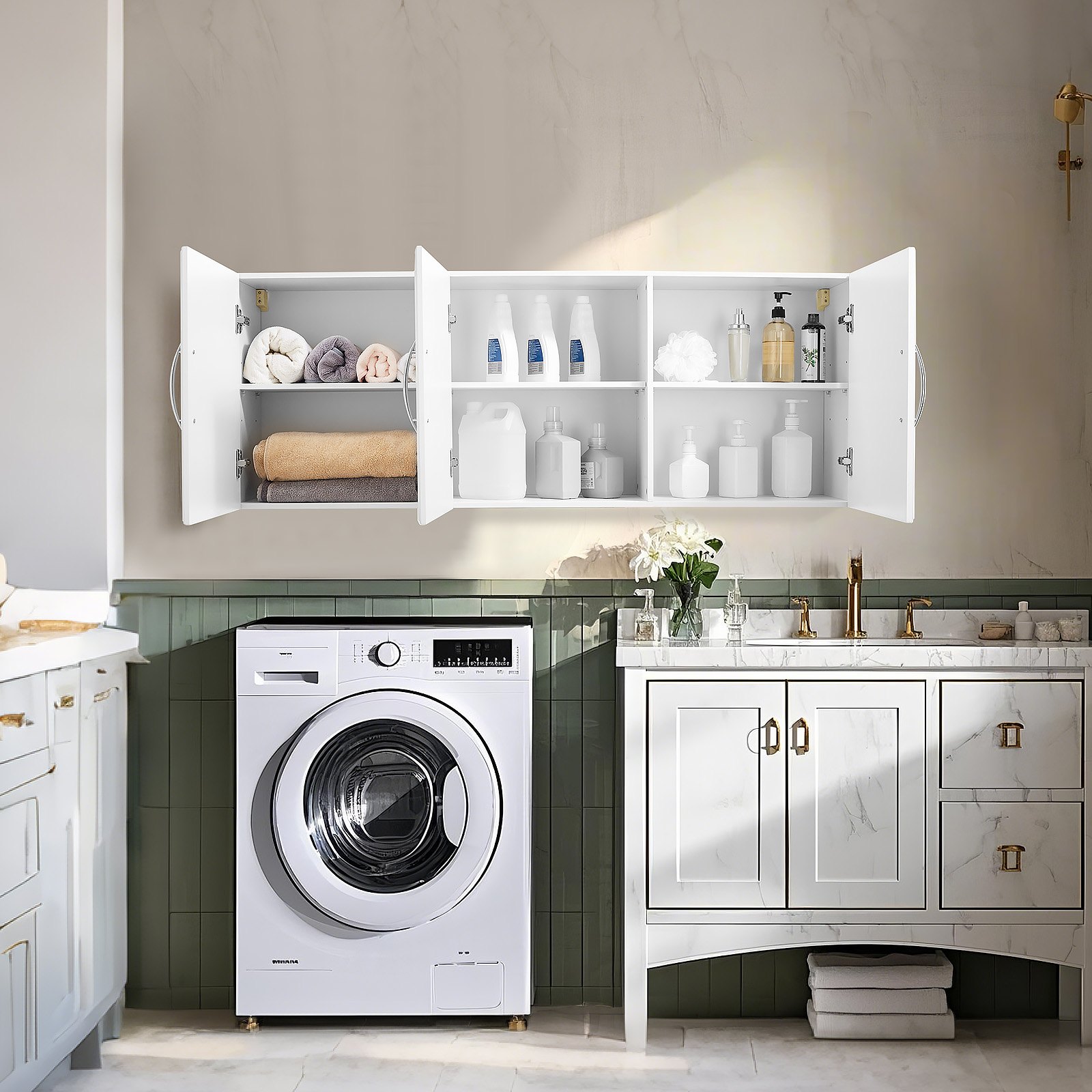 VEVOR Armario de Pared para Lavandería 31,6 x 137,2 x 51,6 cm Armario Colgante de 2 Niveles con 3 Puertas, Organizador de Armario con Estante Ajustable para Cocina, Garaje, Lavandería, Blanco