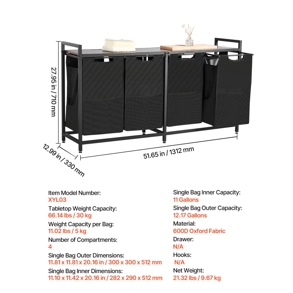 VEVOR 4 Section Laundry Sorter, Large Laundry Hamper with Metal Frame and Wooden Tabletop, Freestanding Storage Organizer Baskets with Pull-Out 600D Oxford Cloth Bags for Dirty Clothes, Bathroom
