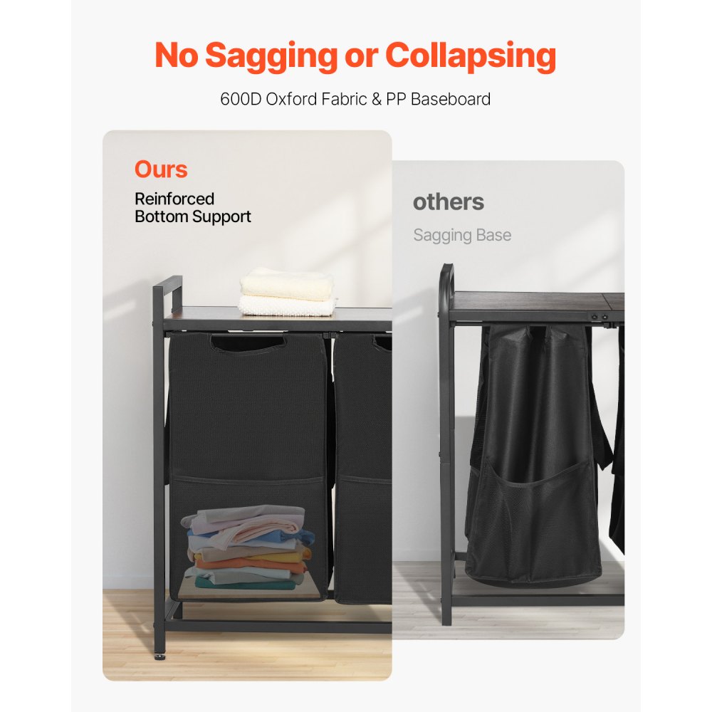 VEVOR 3 Section Laundry Sorter, Large Laundry Hamper with Metal Frame and Wooden Tabletop, Freestanding Storage Organizer Baskets with Pull-Out 600D Oxford Cloth Bags for Dirty Clothes, Bathroom