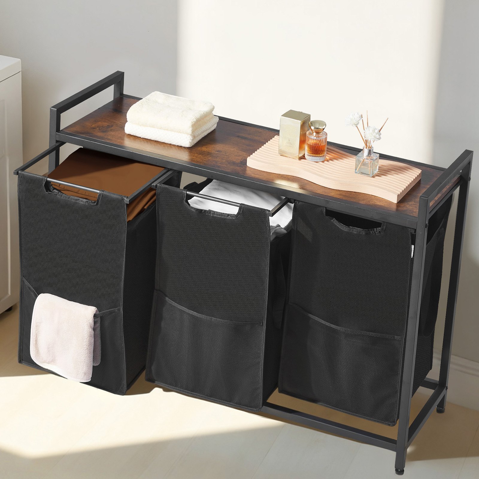 VEVOR 3 Section Laundry Sorter, Large Laundry Hamper with Metal Frame and Wooden Tabletop, Freestanding Storage Organizer Baskets with Pull-Out 600D Oxford Cloth Bags for Dirty Clothes, Bathroom