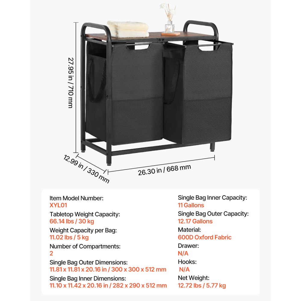 VEVOR Cesta para la Colada con Tablero de Madera, Clasificador de Ropa 668 x 330 x 710 mm con 2 Bolsas Extensibles de Tela Oxford 600D y Estructura de Metal, Clasificador de Ropa para Baño, Negro