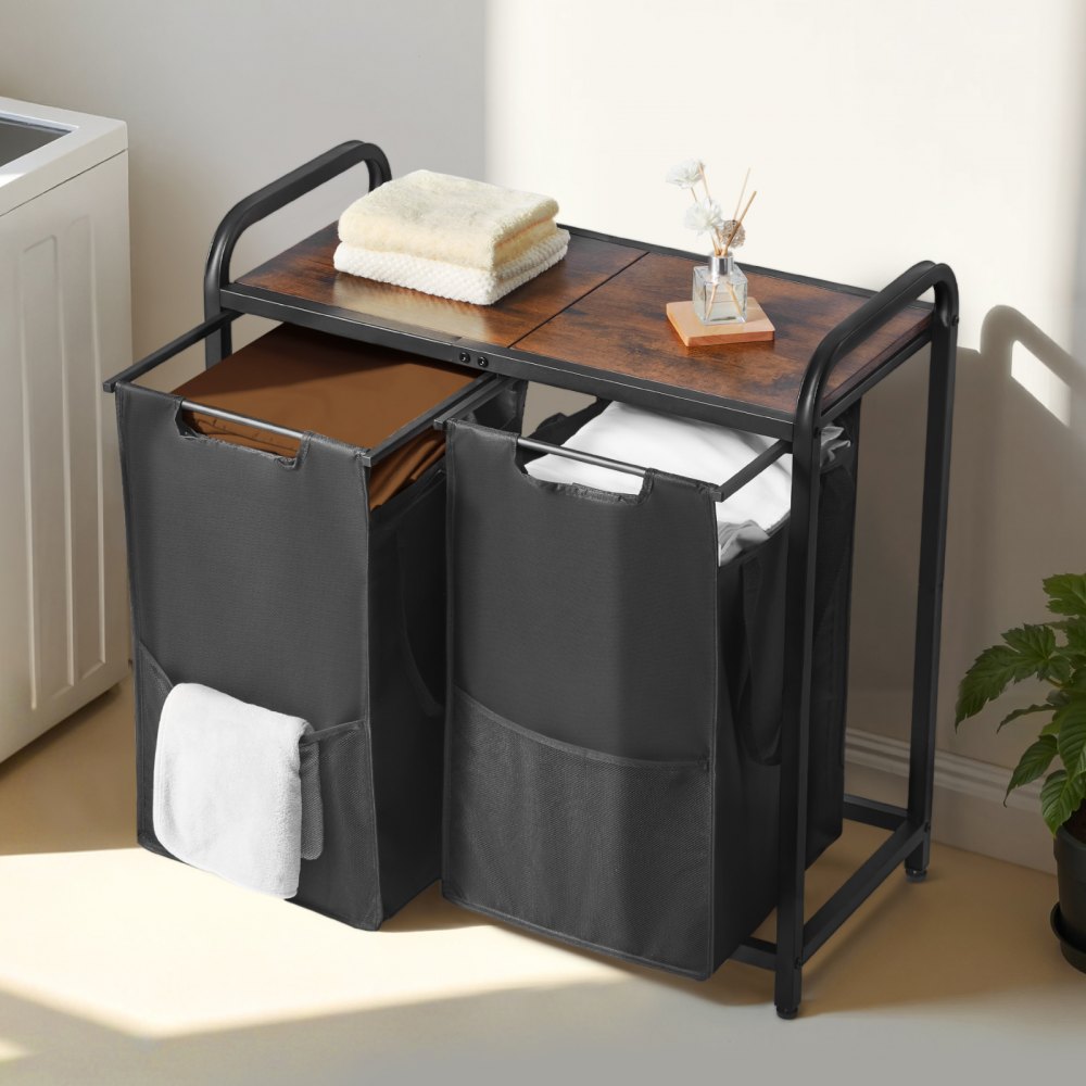 VEVOR Cesta para la Colada con Tablero de Madera, Clasificador de Ropa 668 x 330 x 710 mm con 2 Bolsas Extensibles de Tela Oxford 600D y Estructura de Metal, Clasificador de Ropa para Baño, Negro