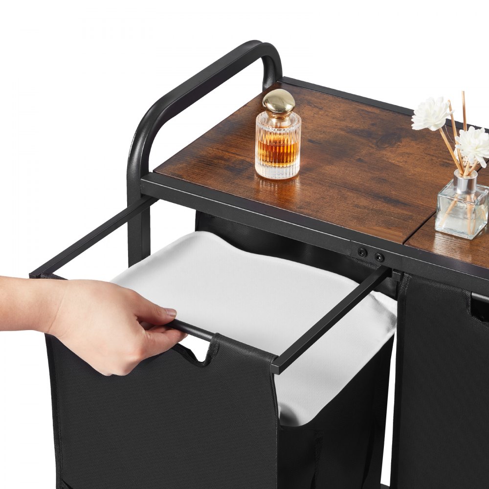 VEVOR Cesta para la Colada con Tablero de Madera, Clasificador de Ropa 668 x 330 x 710 mm con 2 Bolsas Extensibles de Tela Oxford 600D y Estructura de Metal, Clasificador de Ropa para Baño, Negro