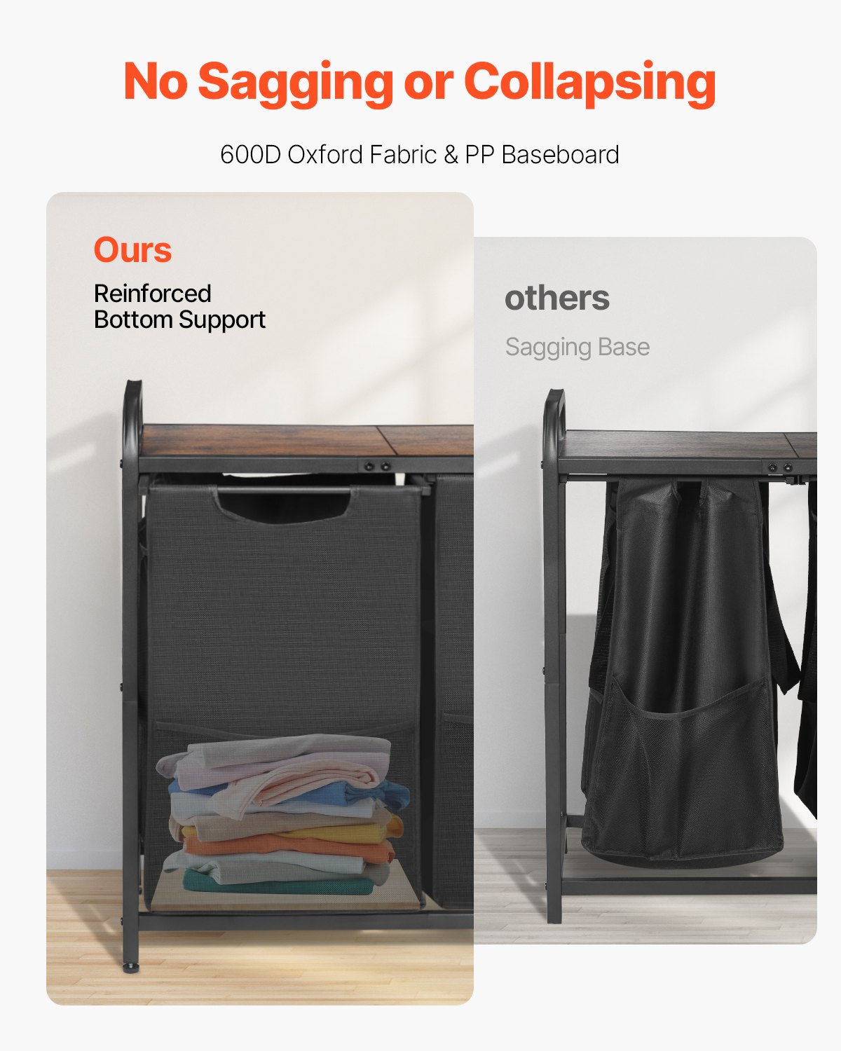 VEVOR Cesta para la Colada con Tablero de Madera, Clasificador de Ropa 668 x 330 x 710 mm con 2 Bolsas Extensibles de Tela Oxford 600D y Estructura de Metal, Clasificador de Ropa para Baño, Negro