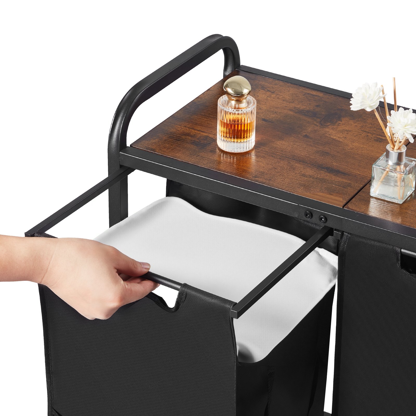 VEVOR Cesta para la Colada con Tablero de Madera, Clasificador de Ropa 668 x 330 x 710 mm con 2 Bolsas Extensibles de Tela Oxford 600D y Estructura de Metal, Clasificador de Ropa para Baño, Negro