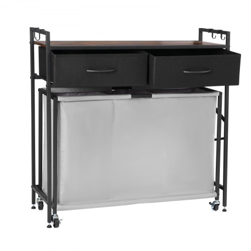 VEVOR Cesta para la Colada con Tablero de Madera, Clasificador de Ropa 830 x 320 x 810 mm con 3 Compartimentos, Ruedas, 2 Cajones y Ganchos, Sistema de Clasificación de Ropa para el Baño, Negro