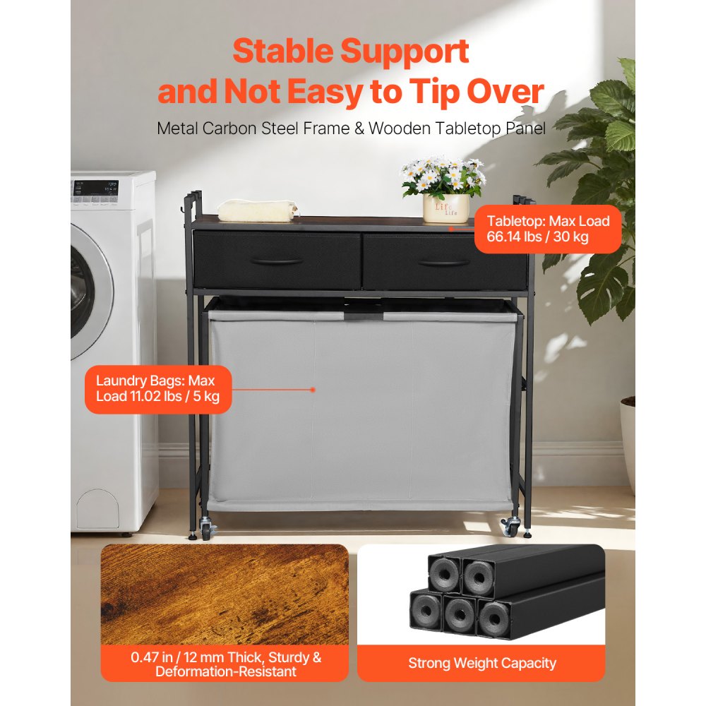 VEVOR Cesta para la Colada con Tablero de Madera, Clasificador de Ropa 830 x 320 x 810 mm con 3 Compartimentos, Ruedas, 2 Cajones y Ganchos, Sistema de Clasificación de Ropa para el Baño, Negro