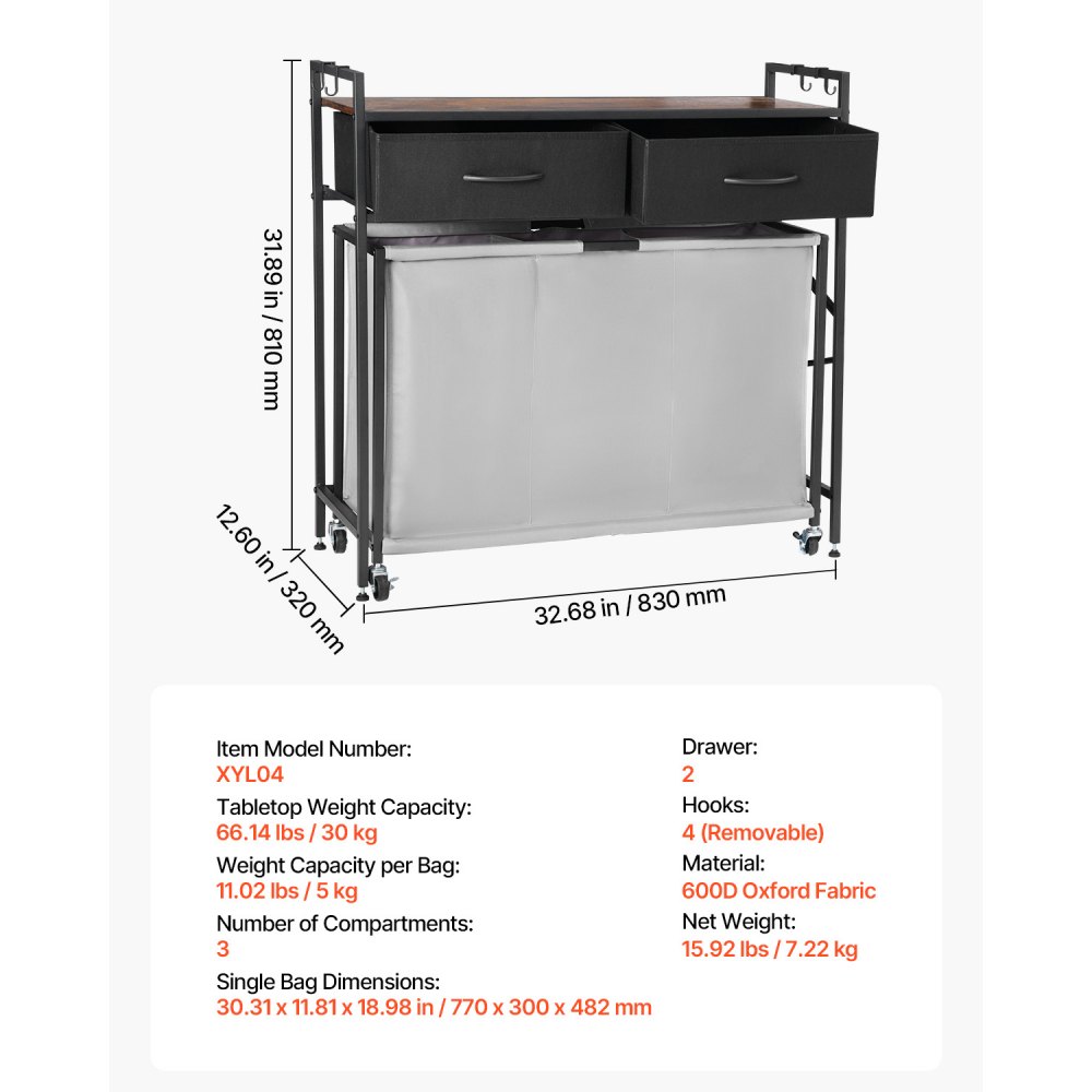 VEVOR Cesta para la Colada con Tablero de Madera, Clasificador de Ropa 830 x 320 x 810 mm con 3 Compartimentos, Ruedas, 2 Cajones y Ganchos, Sistema de Clasificación de Ropa para el Baño, Negro